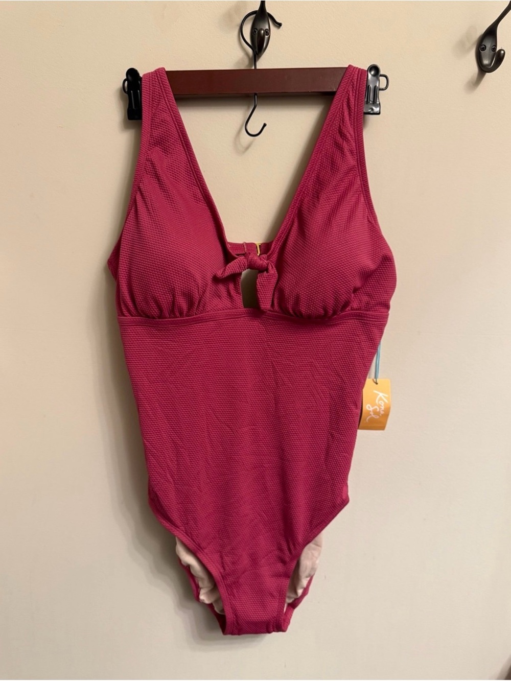 Kona Sol Ribbed Berry Pink One-Piece Swimsuit with Front Knot